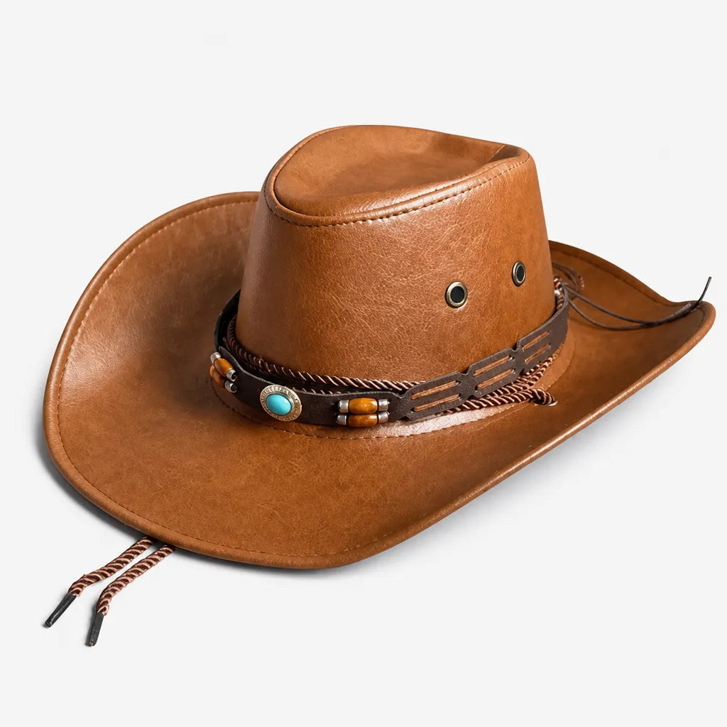 Chapeau Cowboy Marron - Simili Cuir avec Pierre Turquoise