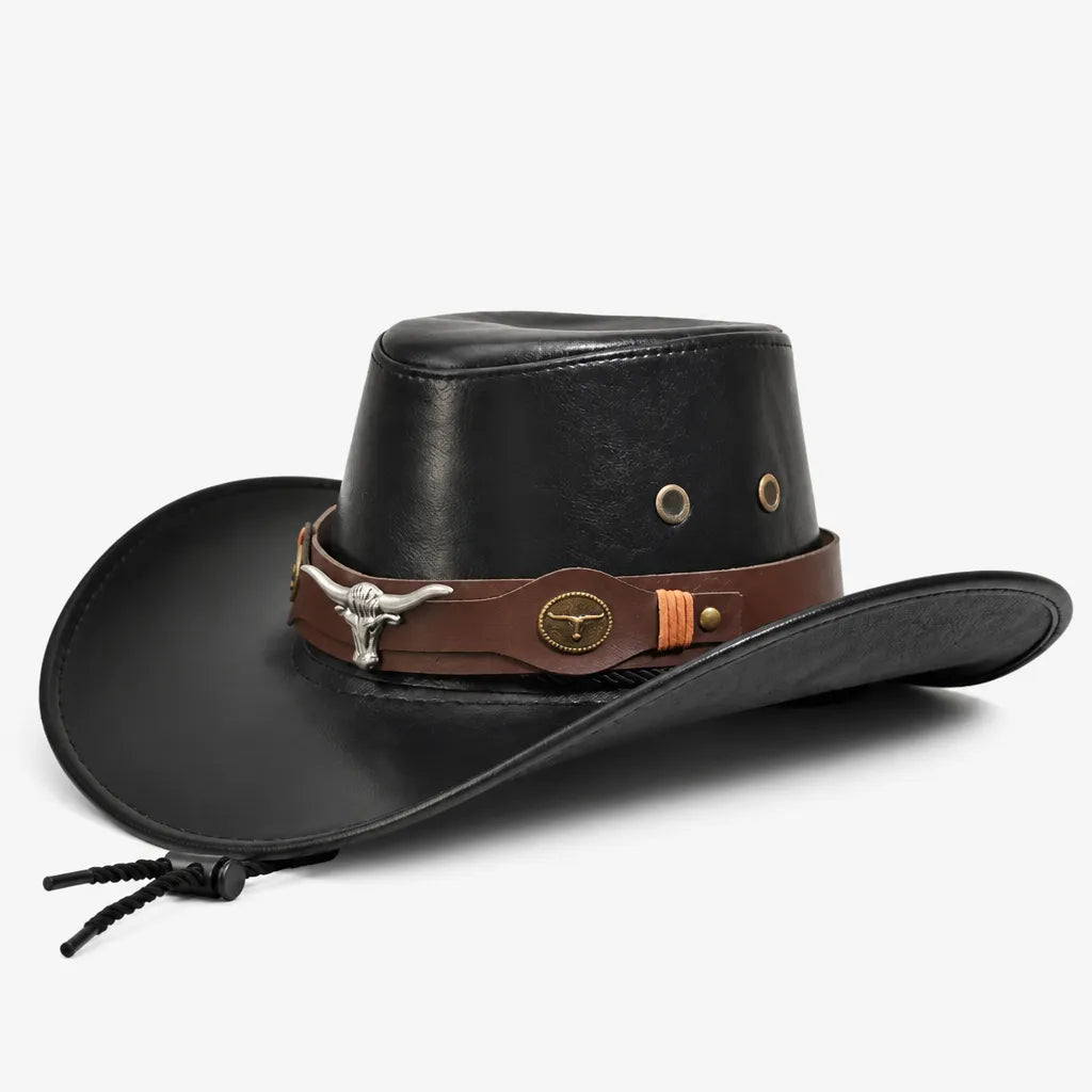 Chapeau Cowboy Marron - Simili Cuir avec Pierre Turquoise