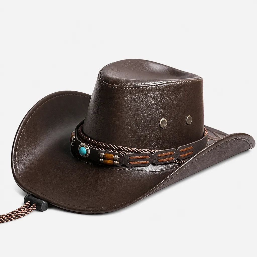 Chapeau Cowboy Marron - Simili Cuir avec Pierre Turquoise