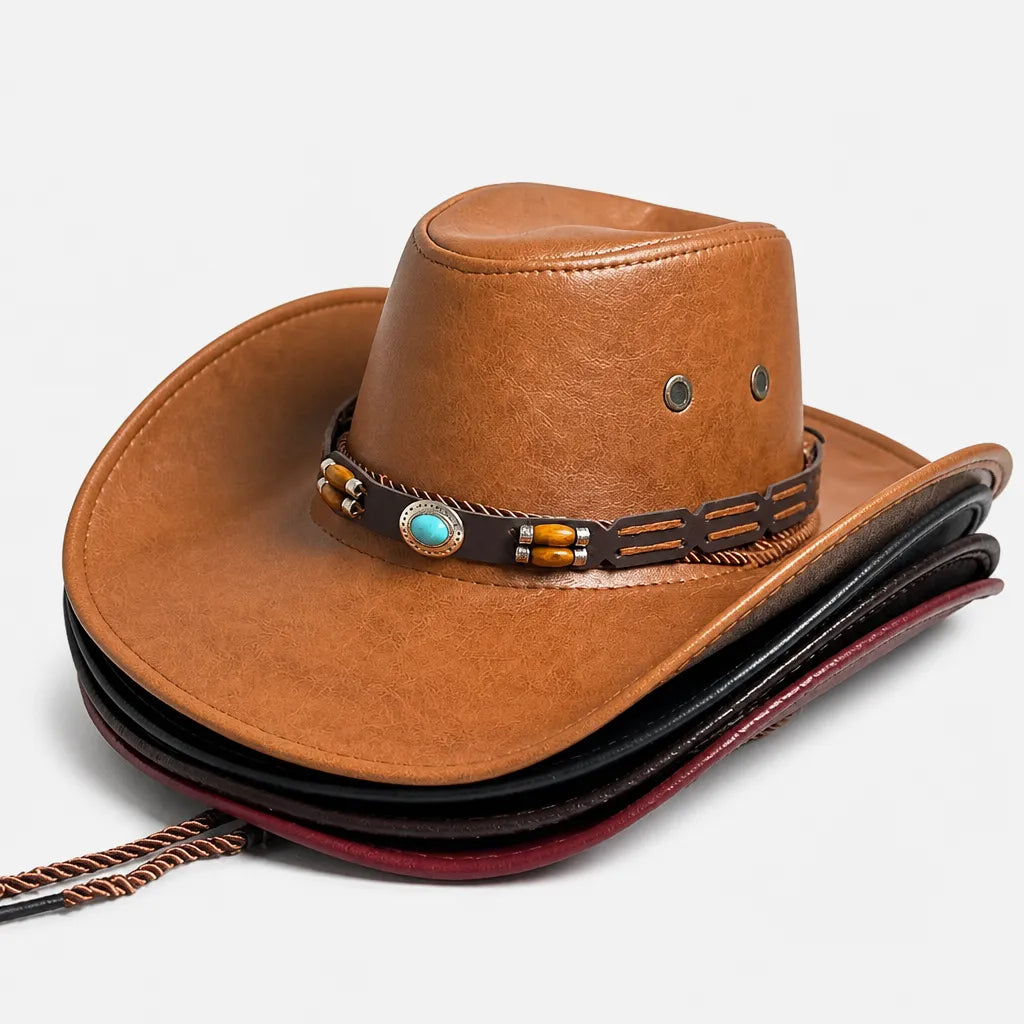 Chapeau Cowboy Marron - Simili Cuir avec Pierre Turquoise