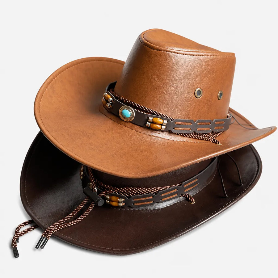 Chapeau Cowboy Marron - Simili Cuir avec Pierre Turquoise