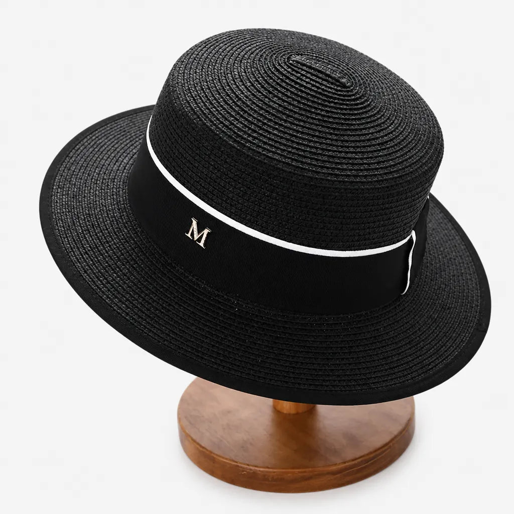 Chapeau Canotier Femme - Blanc Plat avec Ruban Noir