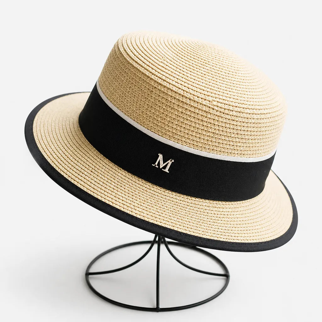 Chapeau Canotier Femme - Blanc Plat avec Ruban Noir
