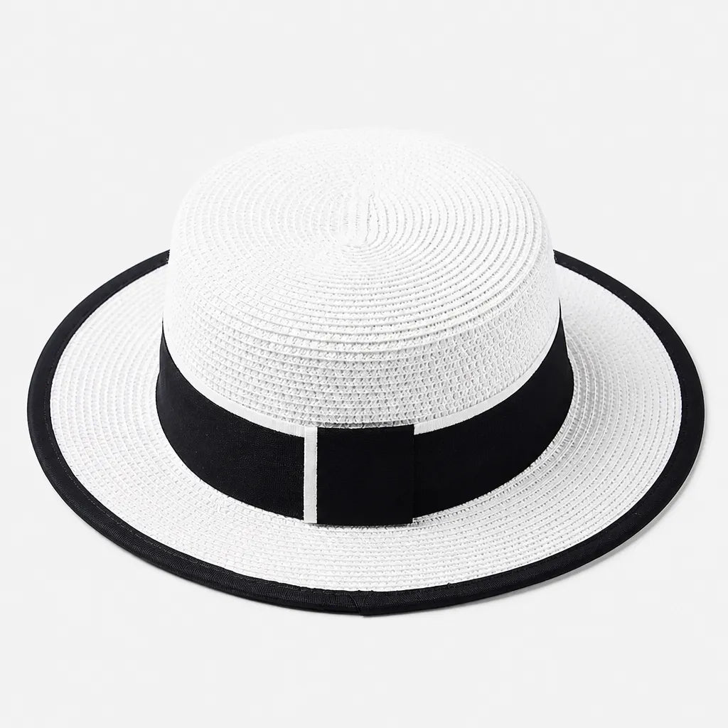 Chapeau Canotier Femme - Blanc Plat avec Ruban Noir