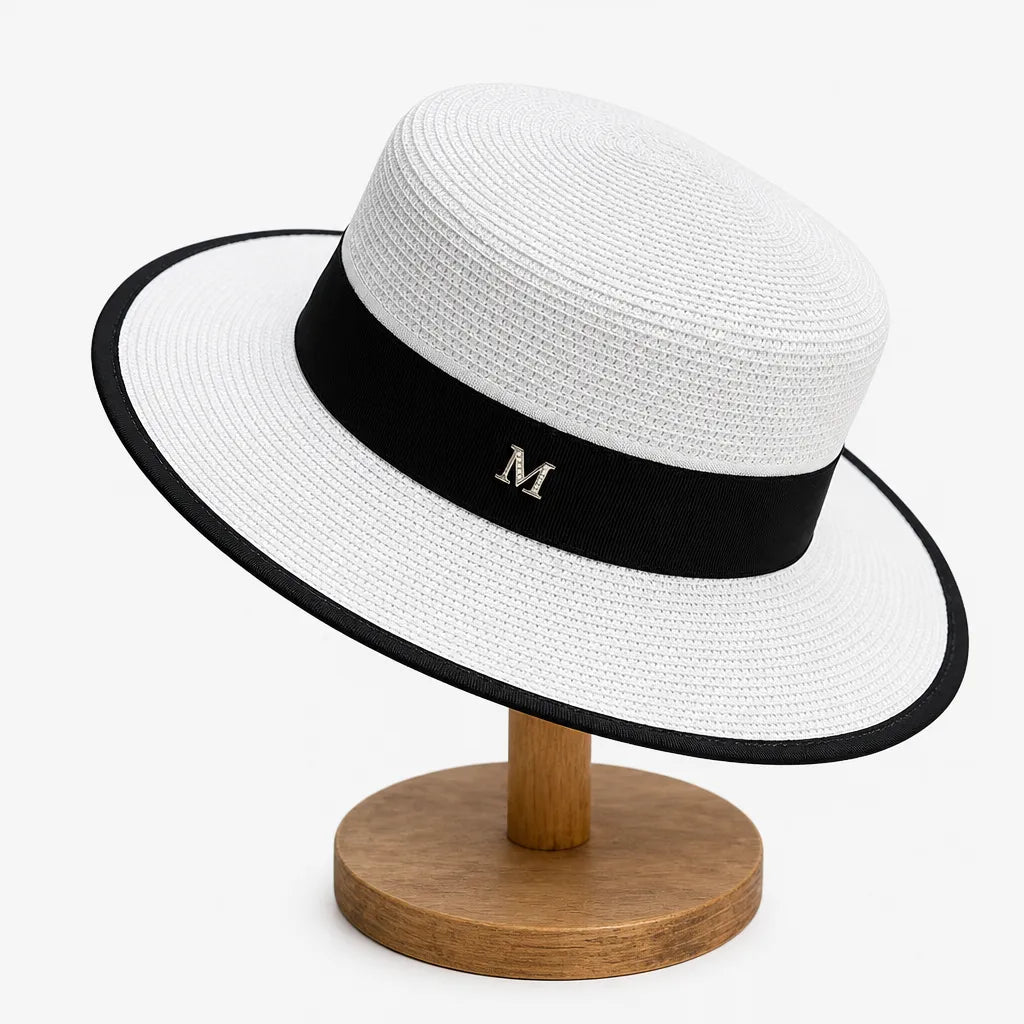 Chapeau Canotier Femme - Blanc Plat avec Ruban Noir