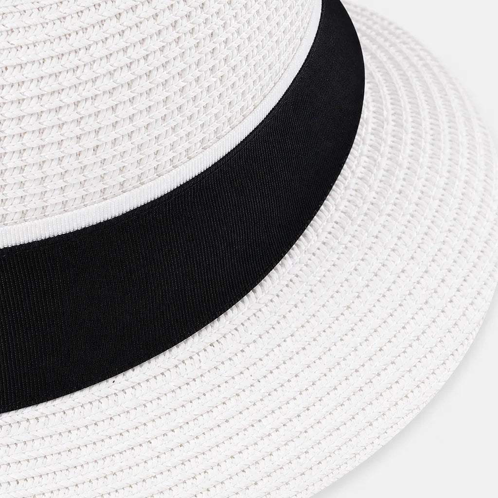 Chapeau Canotier Femme - Blanc Plat avec Ruban Noir