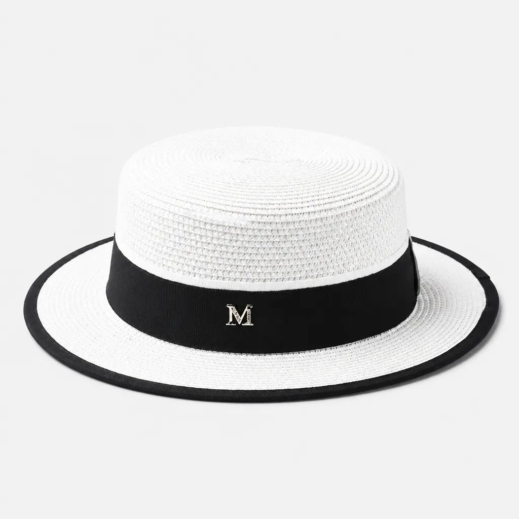 Chapeau Canotier Femme - Blanc Plat avec Ruban Noir