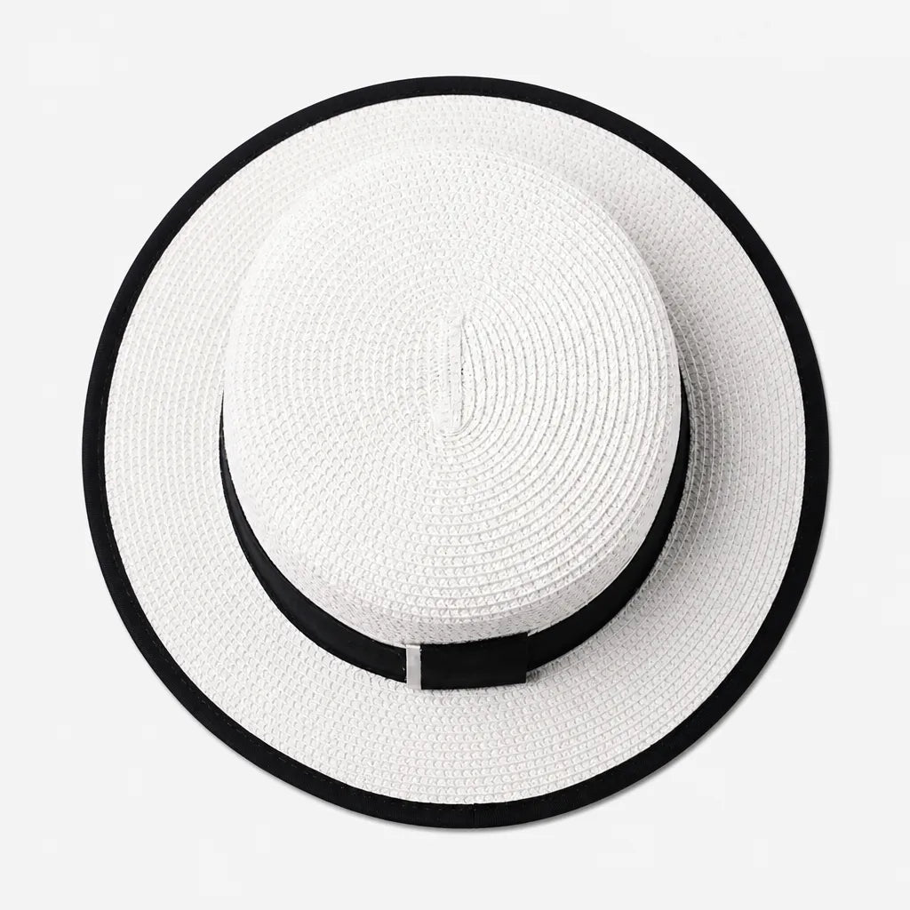 Chapeau Canotier Femme - Blanc Plat avec Ruban Noir