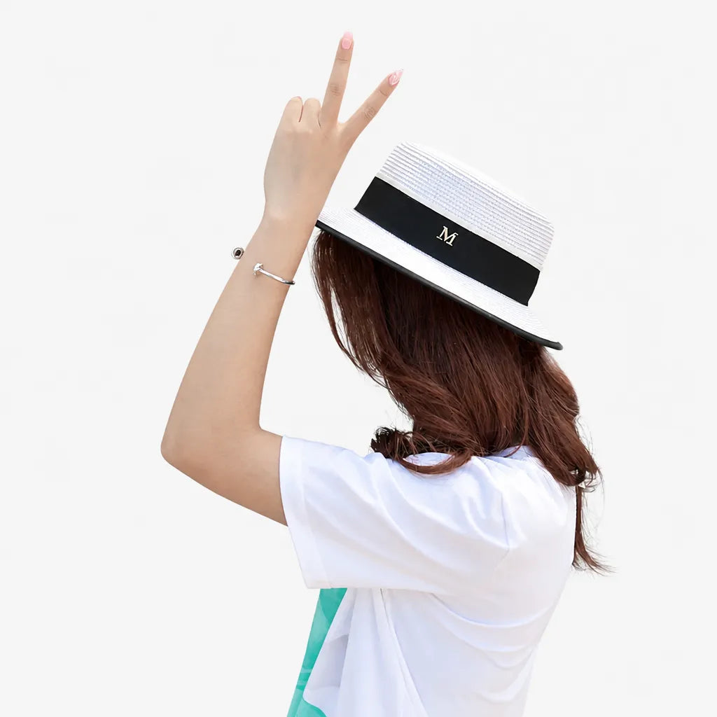 Chapeau Canotier Femme - Blanc Plat avec Ruban Noir