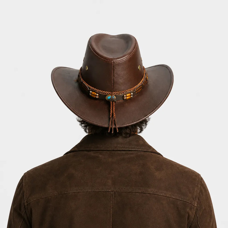 Chapeau Cowboy Marron - Simili Cuir avec Pierre Turquoise