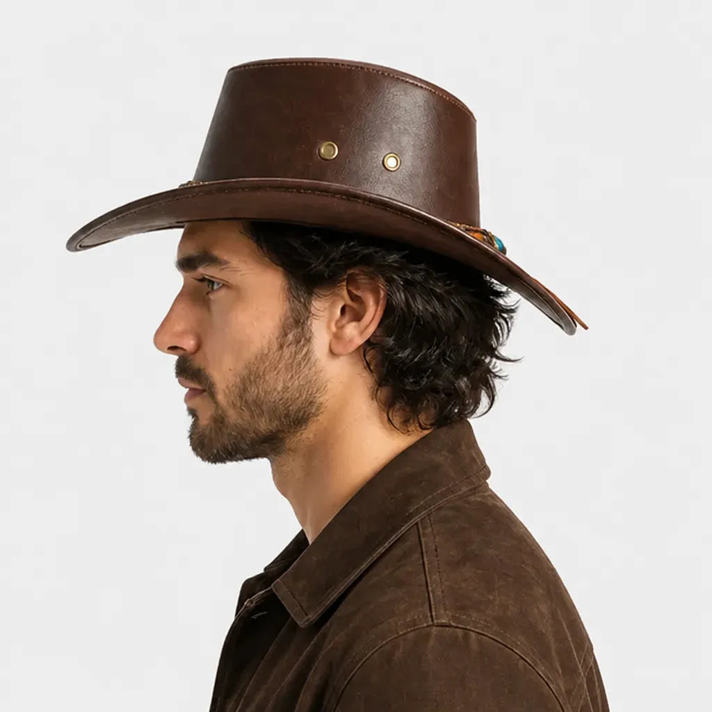 Chapeau Cowboy Marron - Simili Cuir avec Pierre Turquoise