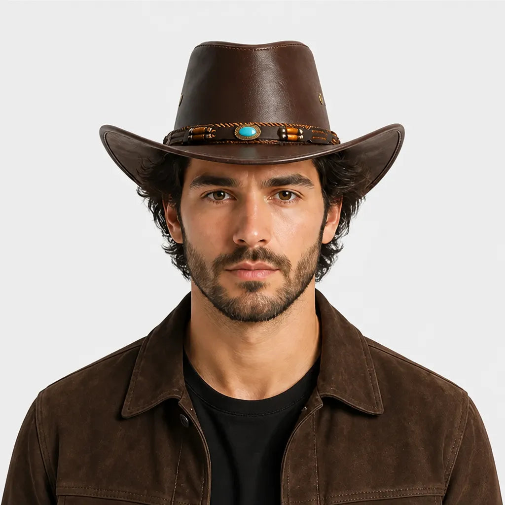 Chapeau Cowboy Marron - Simili Cuir avec Pierre Turquoise