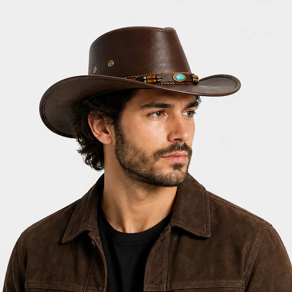 Chapeau Cowboy Marron - Simili Cuir avec Pierre Turquoise