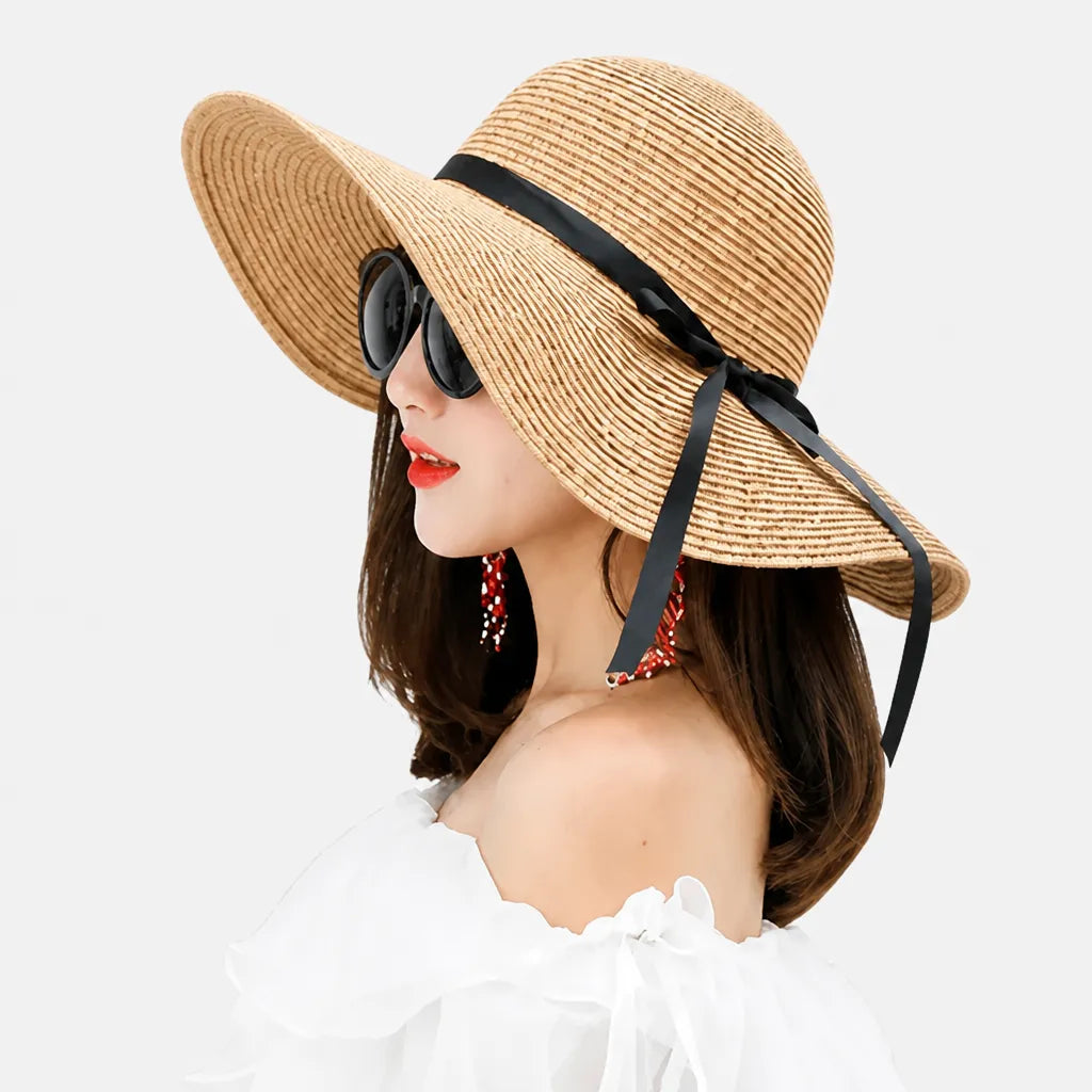 Chapeau Soleil Femme - Paille Pliable avec Noeud Ete