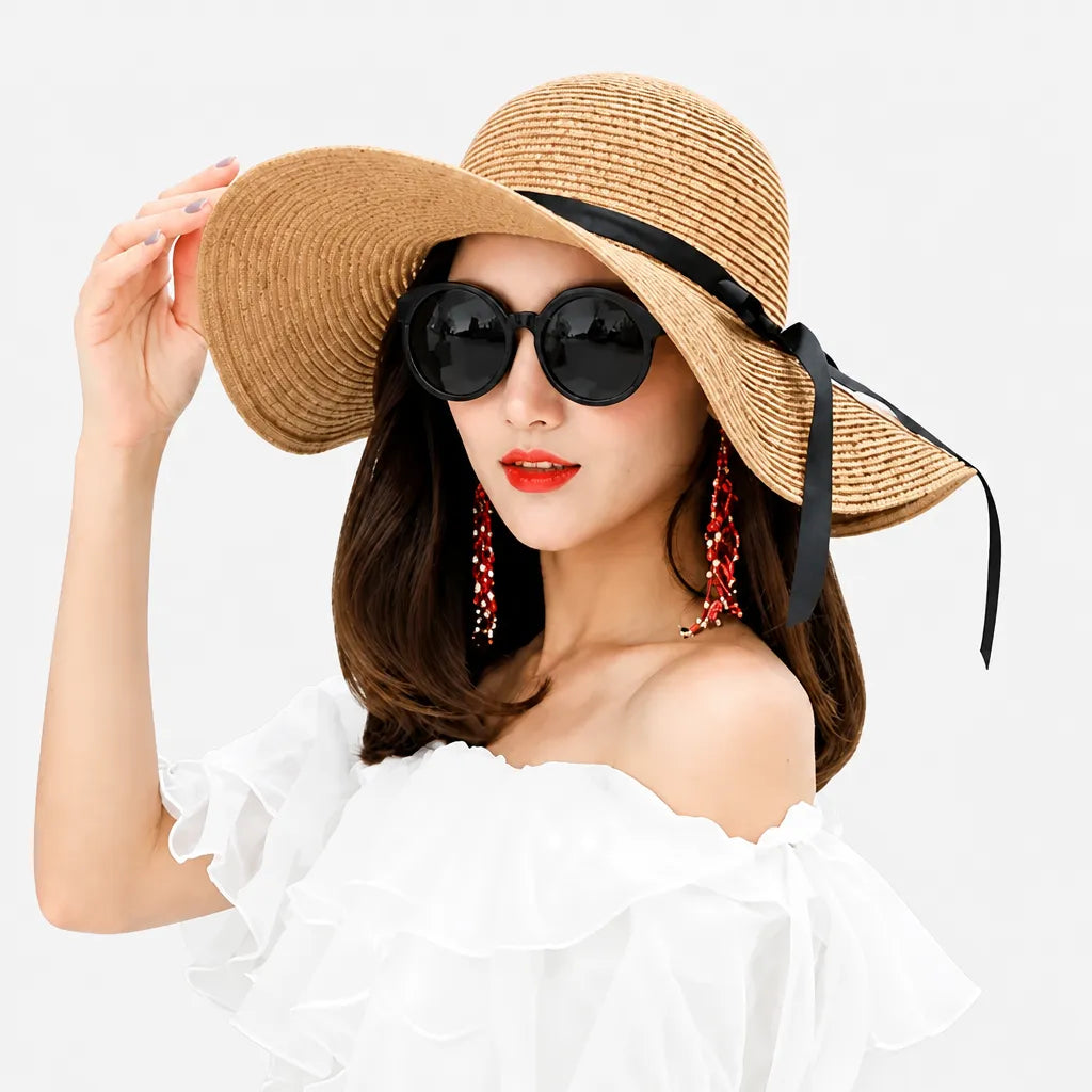 Chapeau Soleil Femme - Paille Pliable avec Noeud Ete