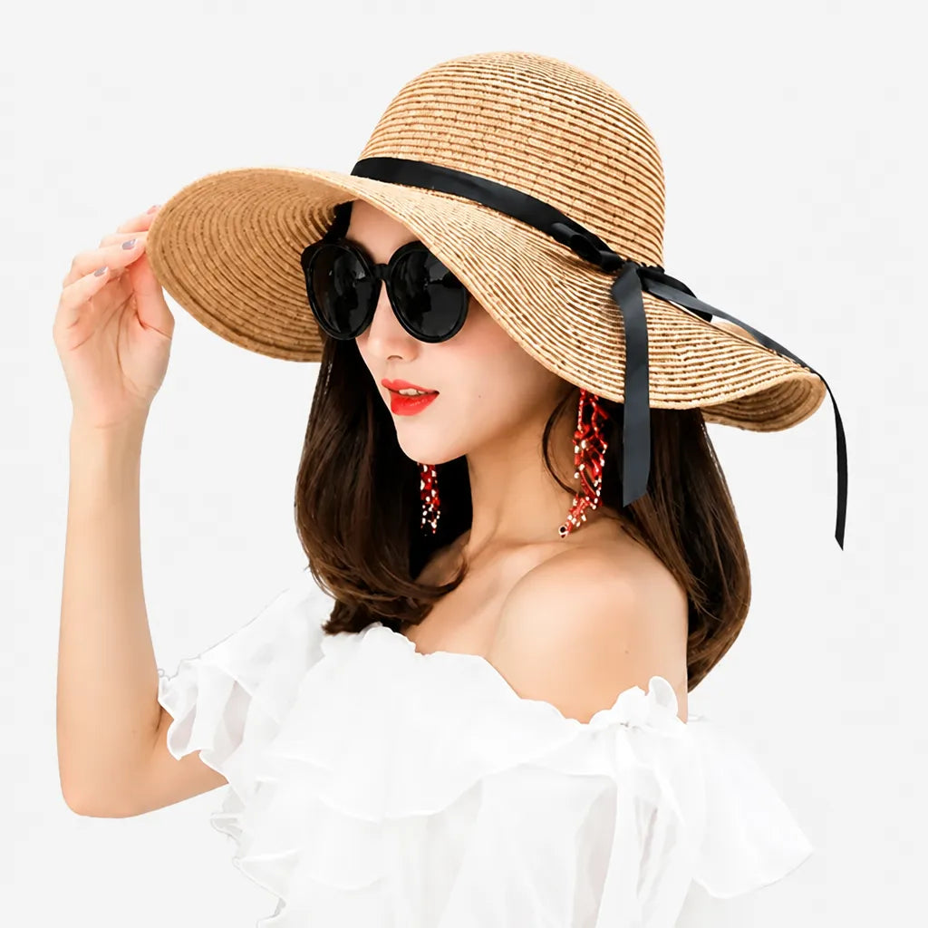 Chapeau Soleil Femme - Paille Pliable avec Noeud Ete