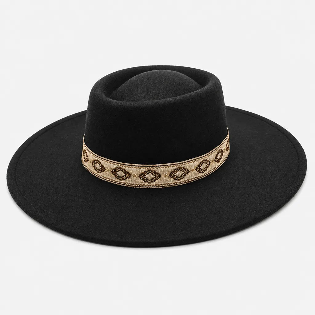 Chapeau Gambler Homme - Feutre Noir avec Ruban Aztec