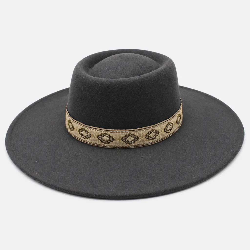 Chapeau Gambler Homme - Feutre Noir avec Ruban Aztec