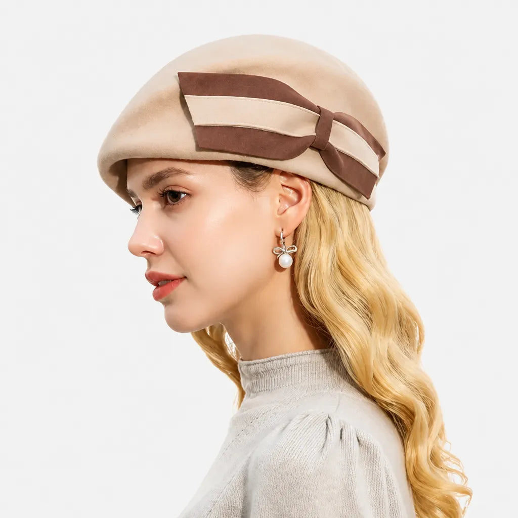 Beret Francais Femme - en Laine avec Noeud Bicolore
