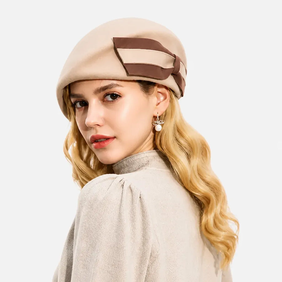 Beret Francais Femme - en Laine avec Noeud Bicolore