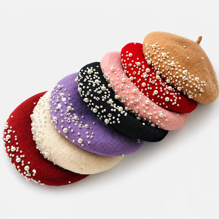 Beret Femme Hiver - en Laine avec Perles et Strass Retro