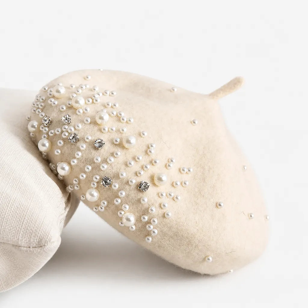 Beret Femme Hiver - en Laine avec Perles et Strass Retro