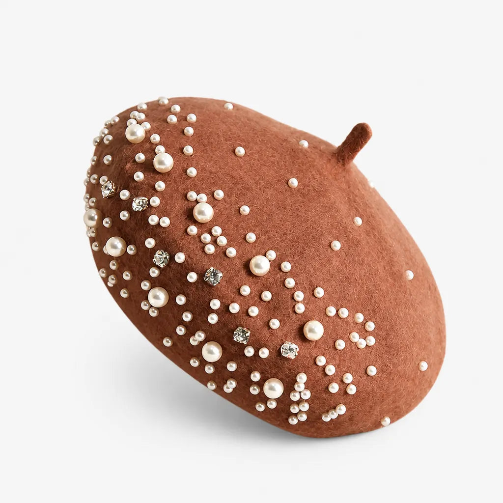 Beret Femme Hiver - en Laine avec Perles et Strass Retro