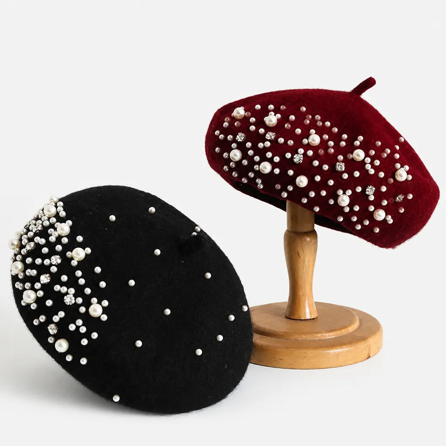 Beret Femme Hiver - en Laine avec Perles et Strass Retro