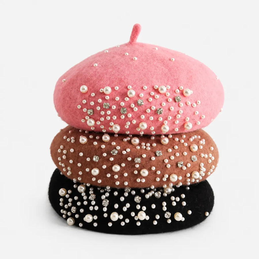 Beret Femme Hiver - en Laine avec Perles et Strass Retro