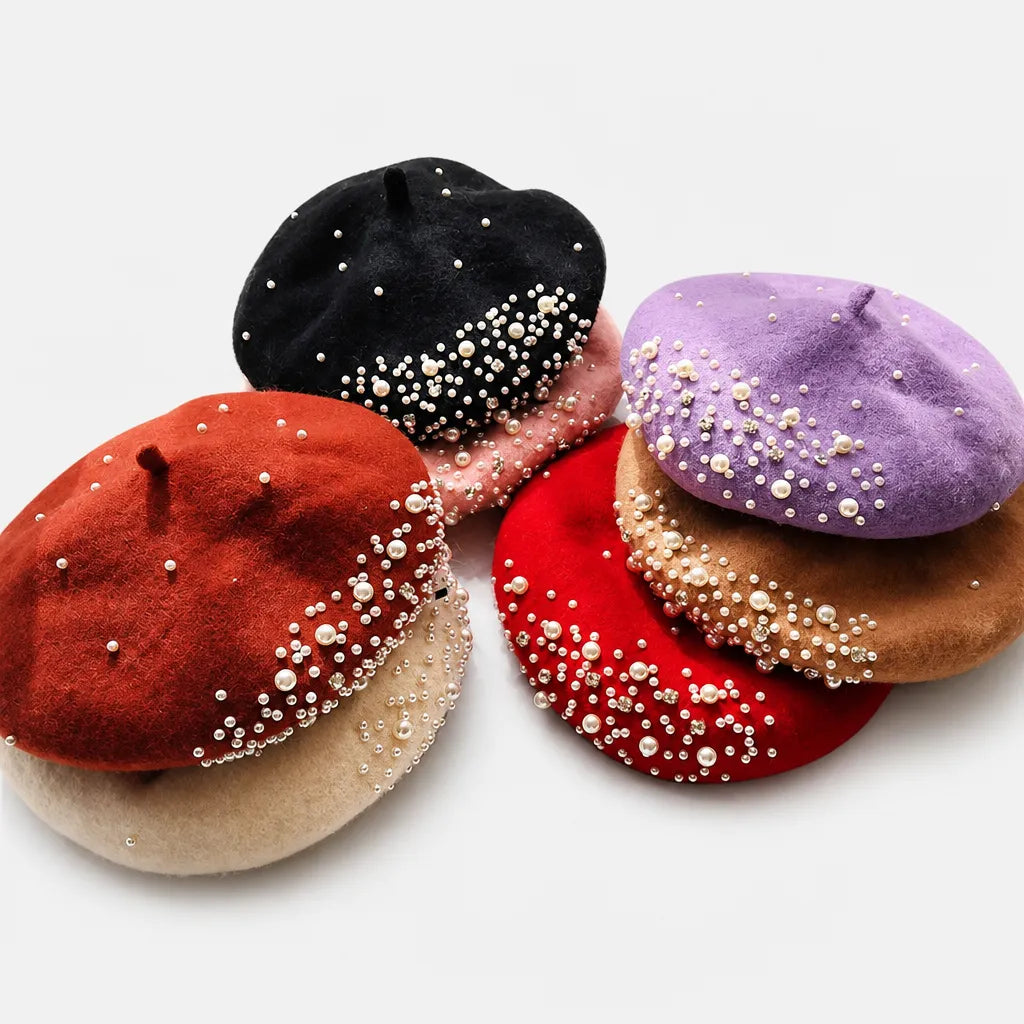 Beret Femme Hiver - en Laine avec Perles et Strass Retro