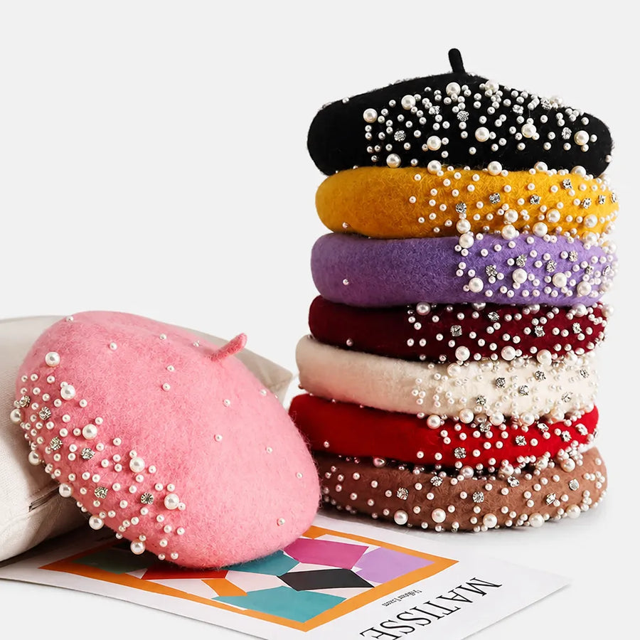 Beret Femme Hiver - en Laine avec Perles et Strass Retro