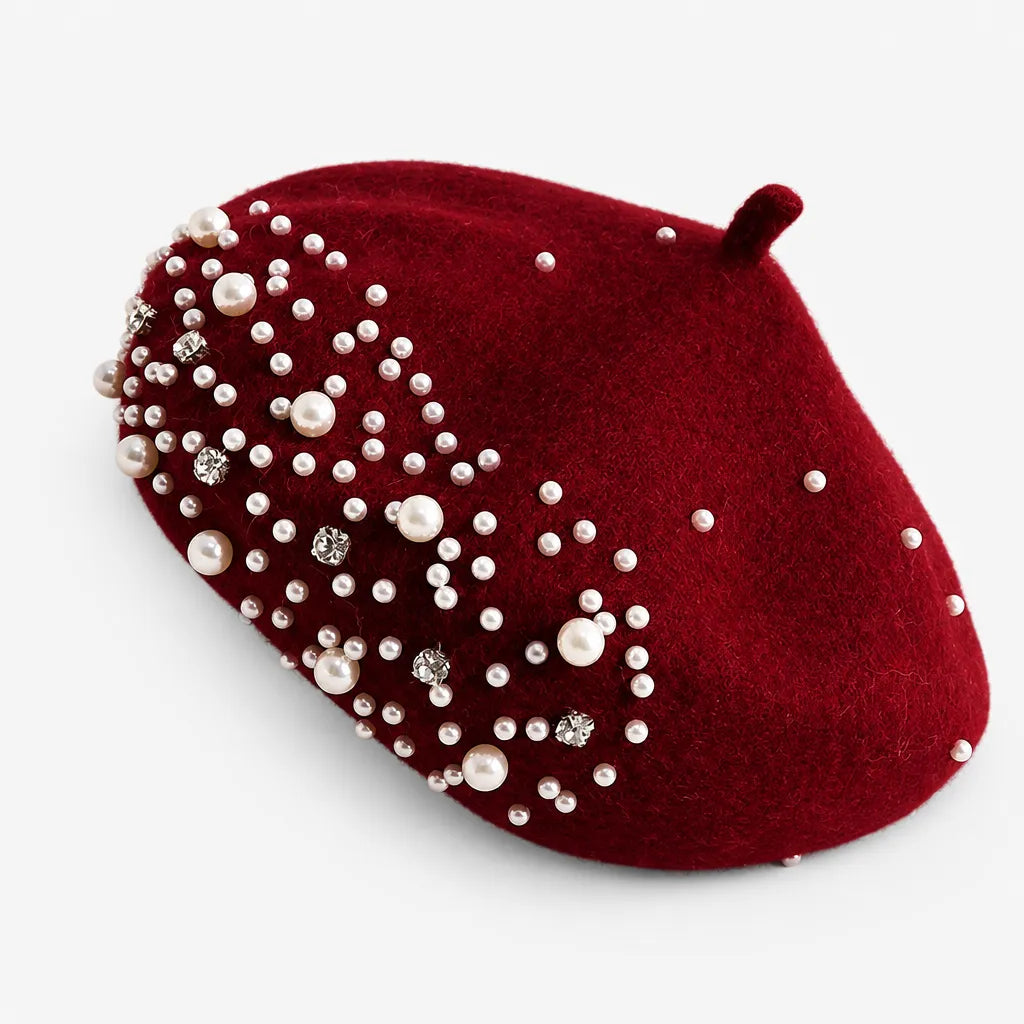 Beret Femme Hiver - en Laine avec Perles et Strass Retro
