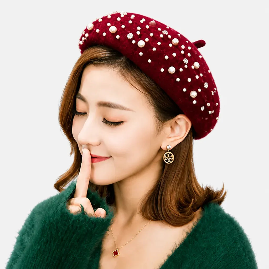 La boîte à chapeaux Beret Femme Hiver - en Laine avec Perles et Strass Retro