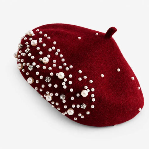 La boîte à chapeaux Beret Femme Hiver - en Laine avec Perles et Strass Retro