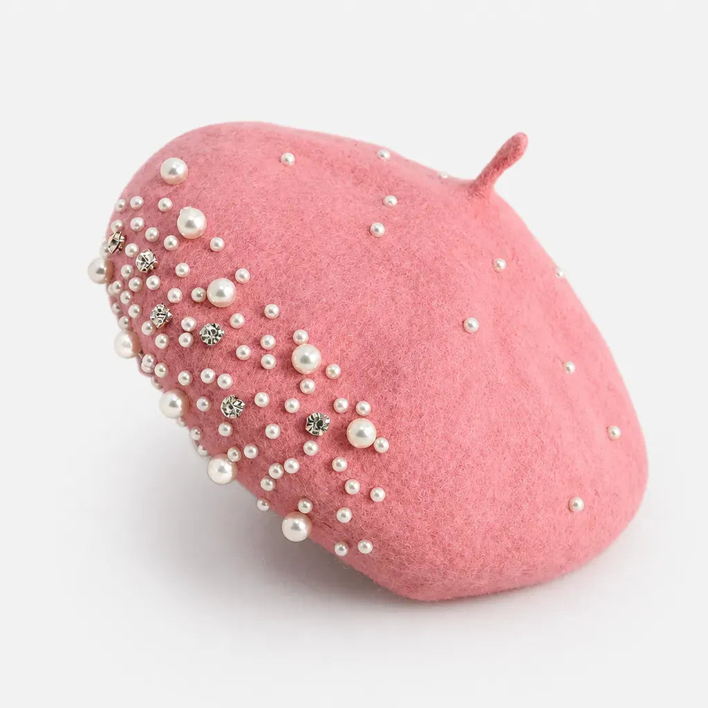 La boîte à chapeaux Beret Femme Hiver - en Laine avec Perles et Strass Retro