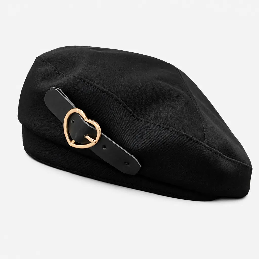 La boîte à chapeaux Beret Femme Mode - Noir avec Boucle Coeur Metallique