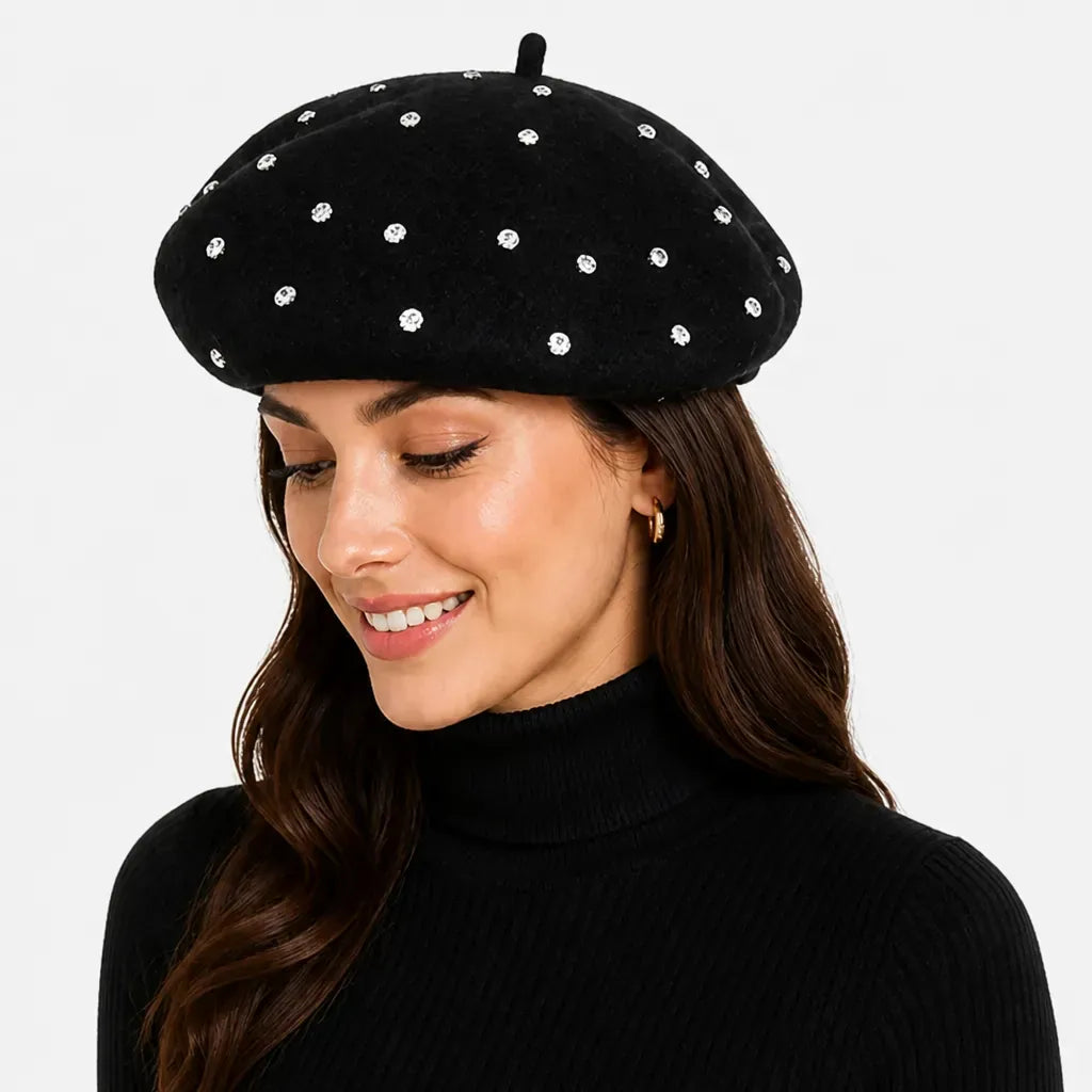 La boîte à chapeaux Beret Noir Femme - en Laine avec Strass, Doux et Chaud