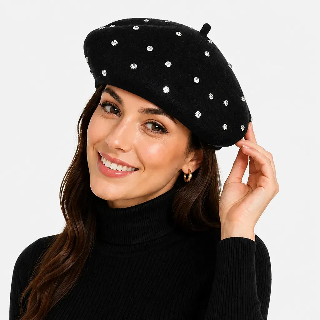 La boîte à chapeaux Beret Noir Femme - en Laine avec Strass, Doux et Chaud
