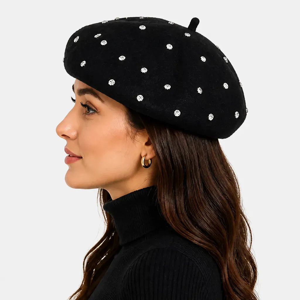 La boîte à chapeaux Beret Noir Femme - en Laine avec Strass, Doux et Chaud