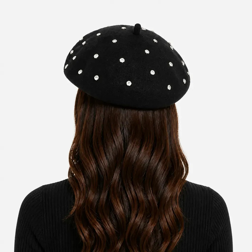 La boîte à chapeaux Beret Noir Femme - en Laine avec Strass, Doux et Chaud