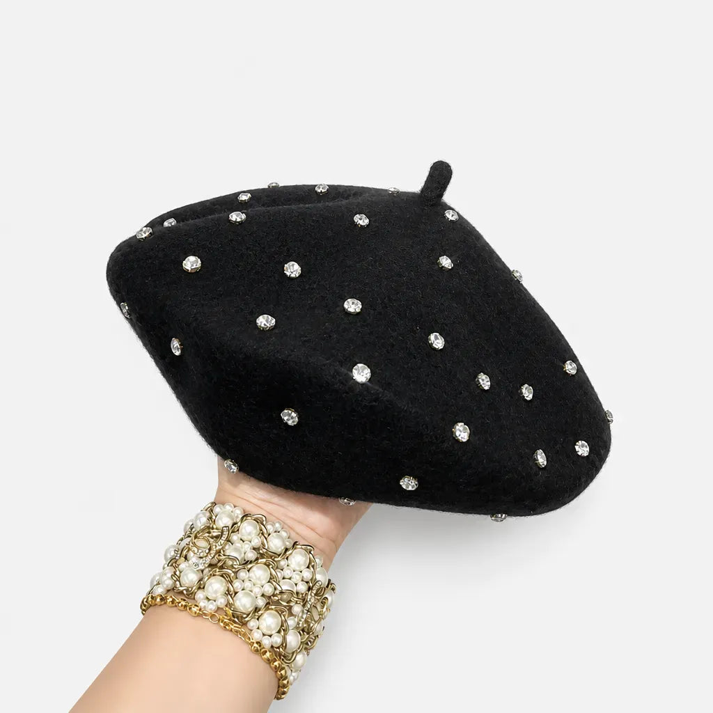 La boîte à chapeaux Beret Noir Femme - en Laine avec Strass, Doux et Chaud
