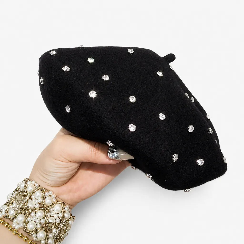 La boîte à chapeaux Beret Noir Femme - en Laine avec Strass, Doux et Chaud
