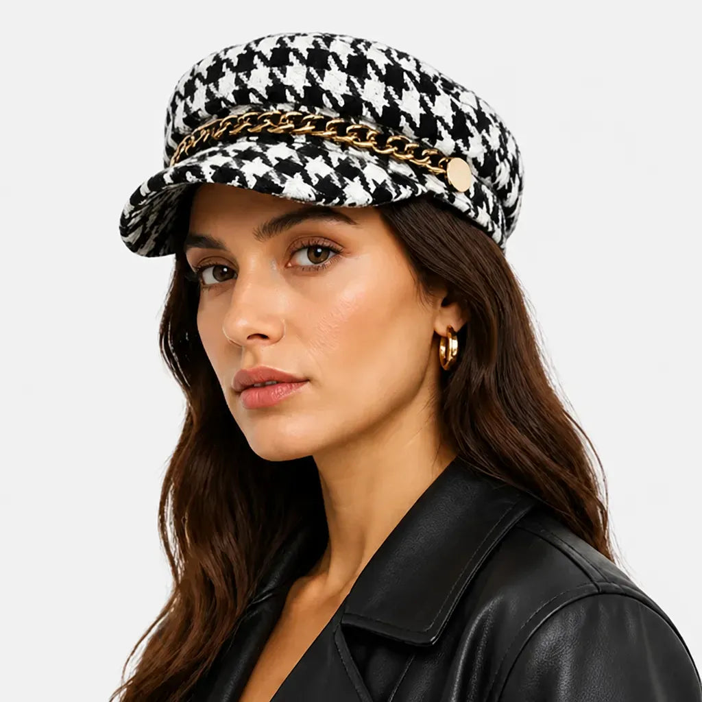 La boîte à chapeaux Casquette Femme Militaire - Pied-de-Poule avec Chaine Doree