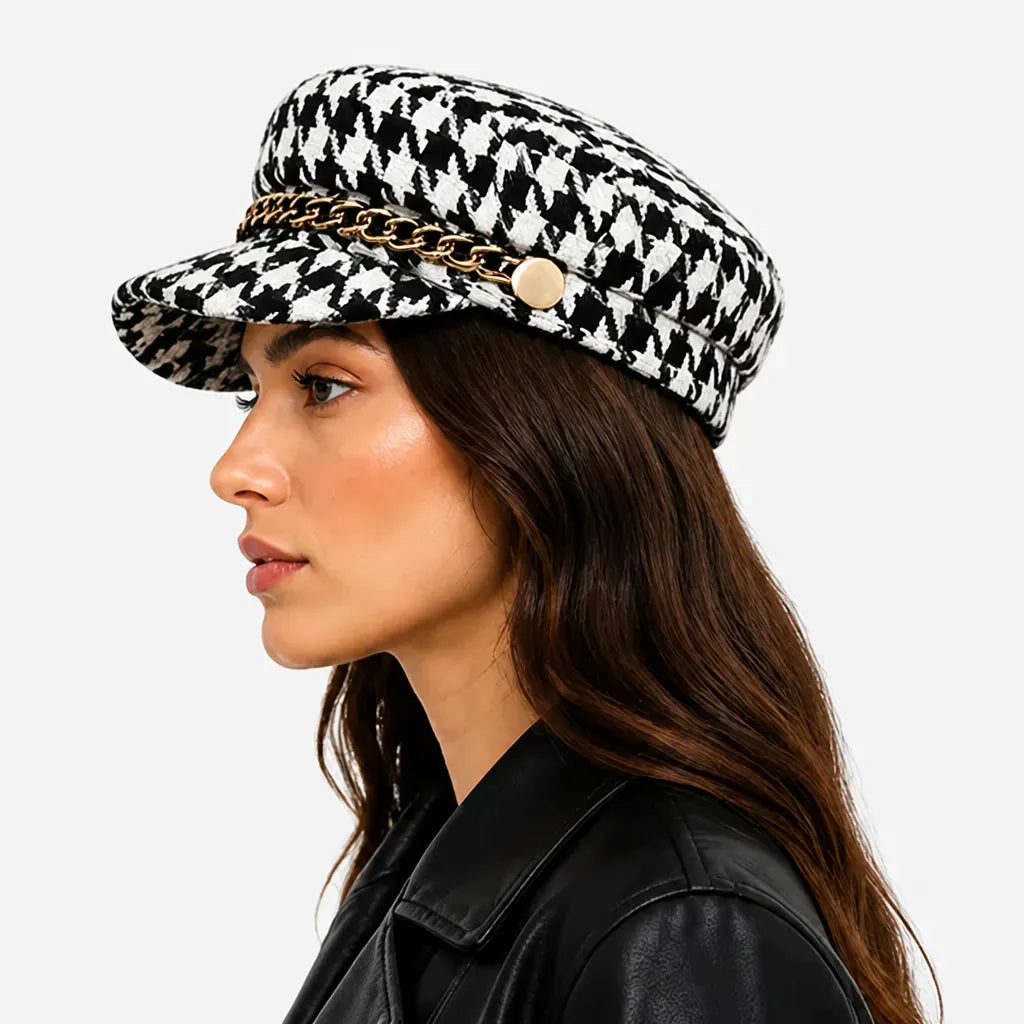 La boîte à chapeaux Casquette Femme Militaire - Pied-de-Poule avec Chaine Doree