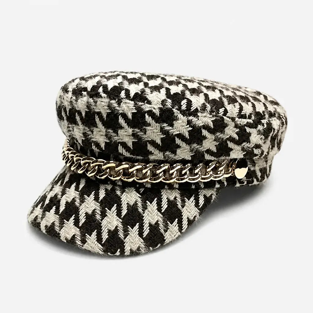 La boîte à chapeaux Casquette Femme Militaire - Pied-de-Poule avec Chaine Doree
