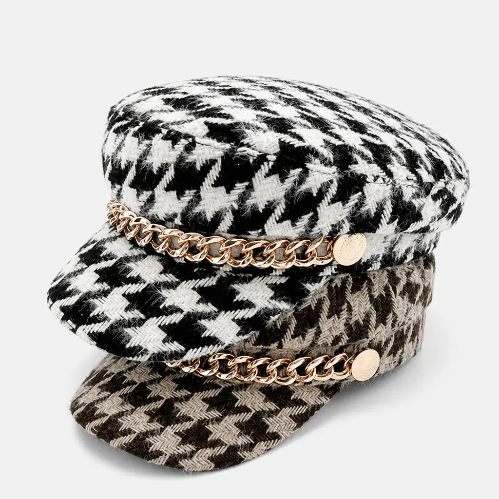 La boîte à chapeaux Casquette Femme Militaire - Pied-de-Poule avec Chaine Doree
