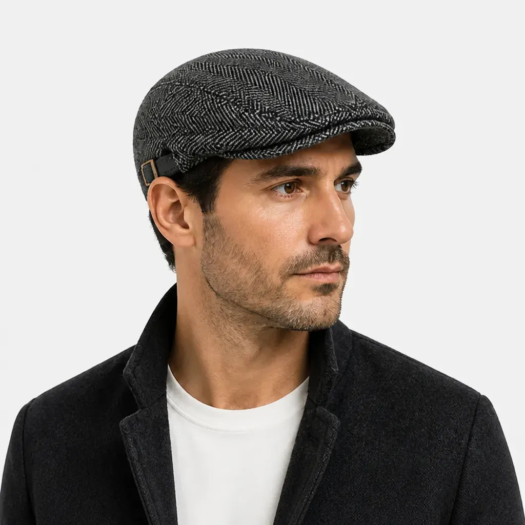 La boîte à chapeaux Casquette Irlandaise Homme - Rayee a Chevrons avec Sangle en Cuir