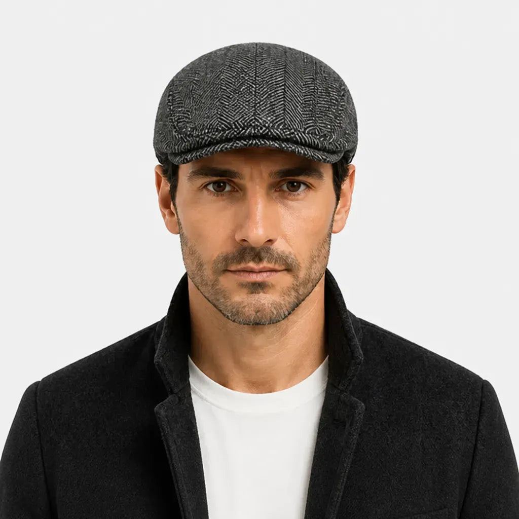 La boîte à chapeaux Casquette Irlandaise Homme - Rayee a Chevrons avec Sangle en Cuir