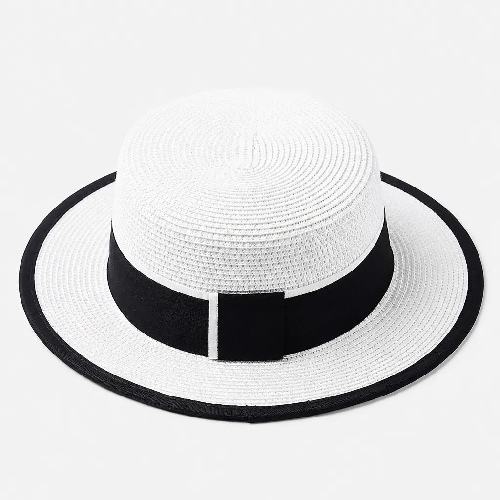 La boîte à chapeaux Chapeau Canotier Femme - Blanc Plat avec Ruban Noir
