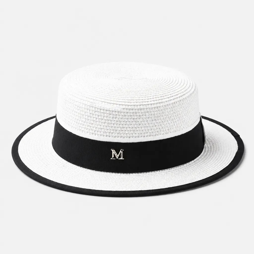 La boîte à chapeaux Chapeau Canotier Femme - Blanc Plat avec Ruban Noir